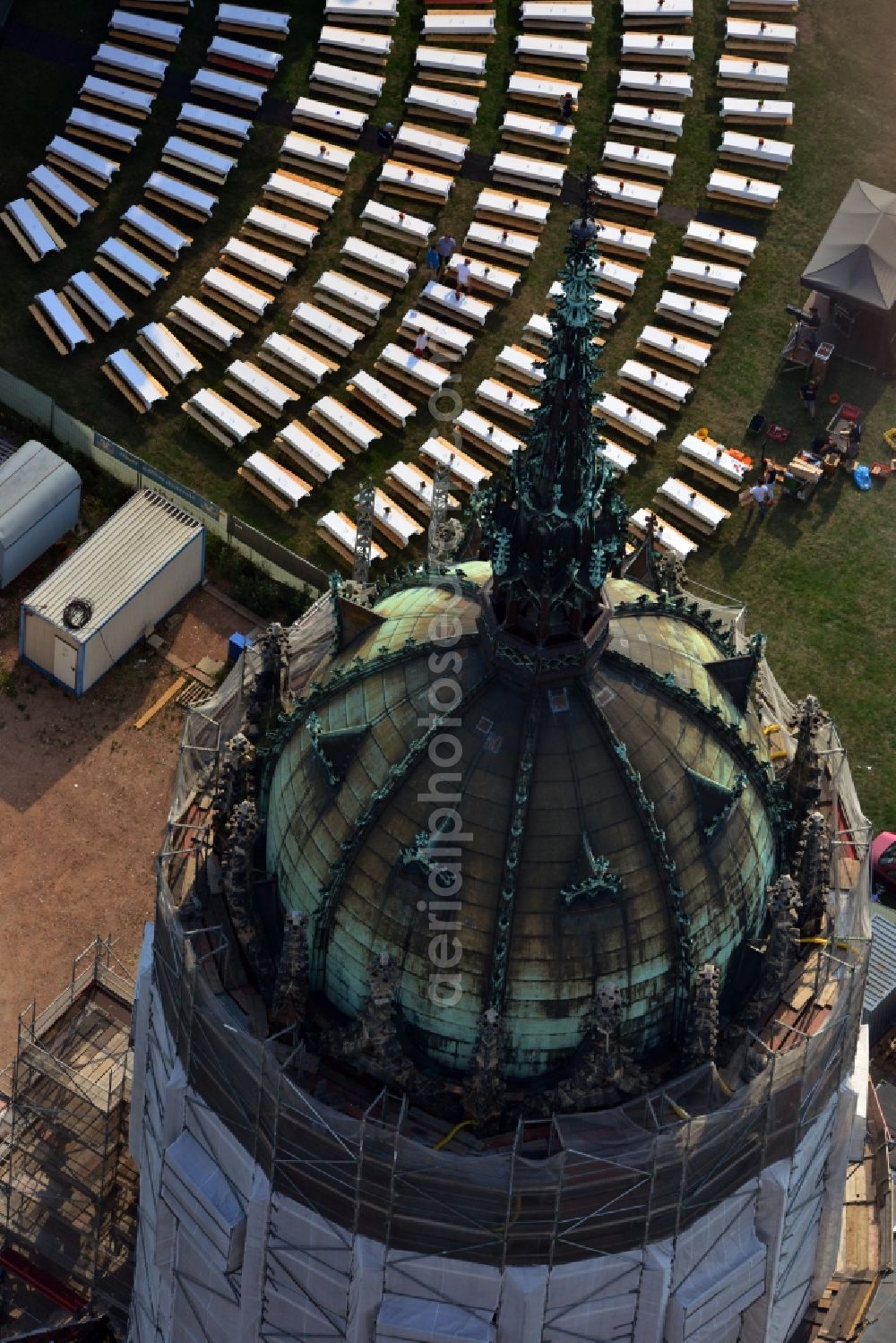 Aerial photograph Wittenberg - View of the castle church of Wittenberg. The castle with its 88 m high Gothic tower at the west end of the town is a UNESCO World Heritage Site. The first mention of the castle dates from 1187. It gained fame as in 1517 the Wittenberg Augustinian monk and theology professor Martin Luther spread his 95 disputation