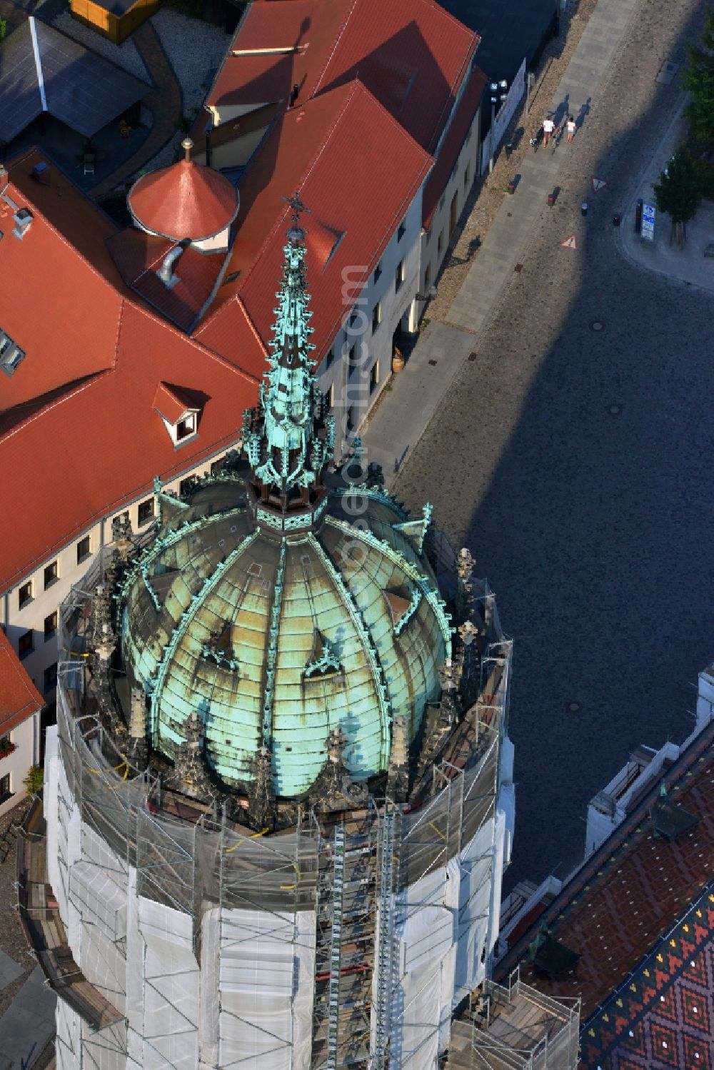 Wittenberg from above - View of the castle church of Wittenberg. The castle with its 88 m high Gothic tower at the west end of the town is a UNESCO World Heritage Site. The first mention of the castle dates from 1187. It gained fame as in 1517 the Wittenberg Augustinian monk and theology professor Martin Luther spread his 95 disputation