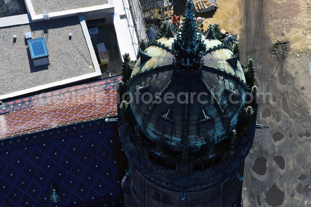 Lutherstadt Wittenberg from the bird's eye view: Castle church of Wittenberg. The castle with the high Gothic tower at the west end of the town is a UNESCO World Heritage Site. It gained fame as the Wittenberg Augustinian monk and theology professor Martin Luther spread his disputation