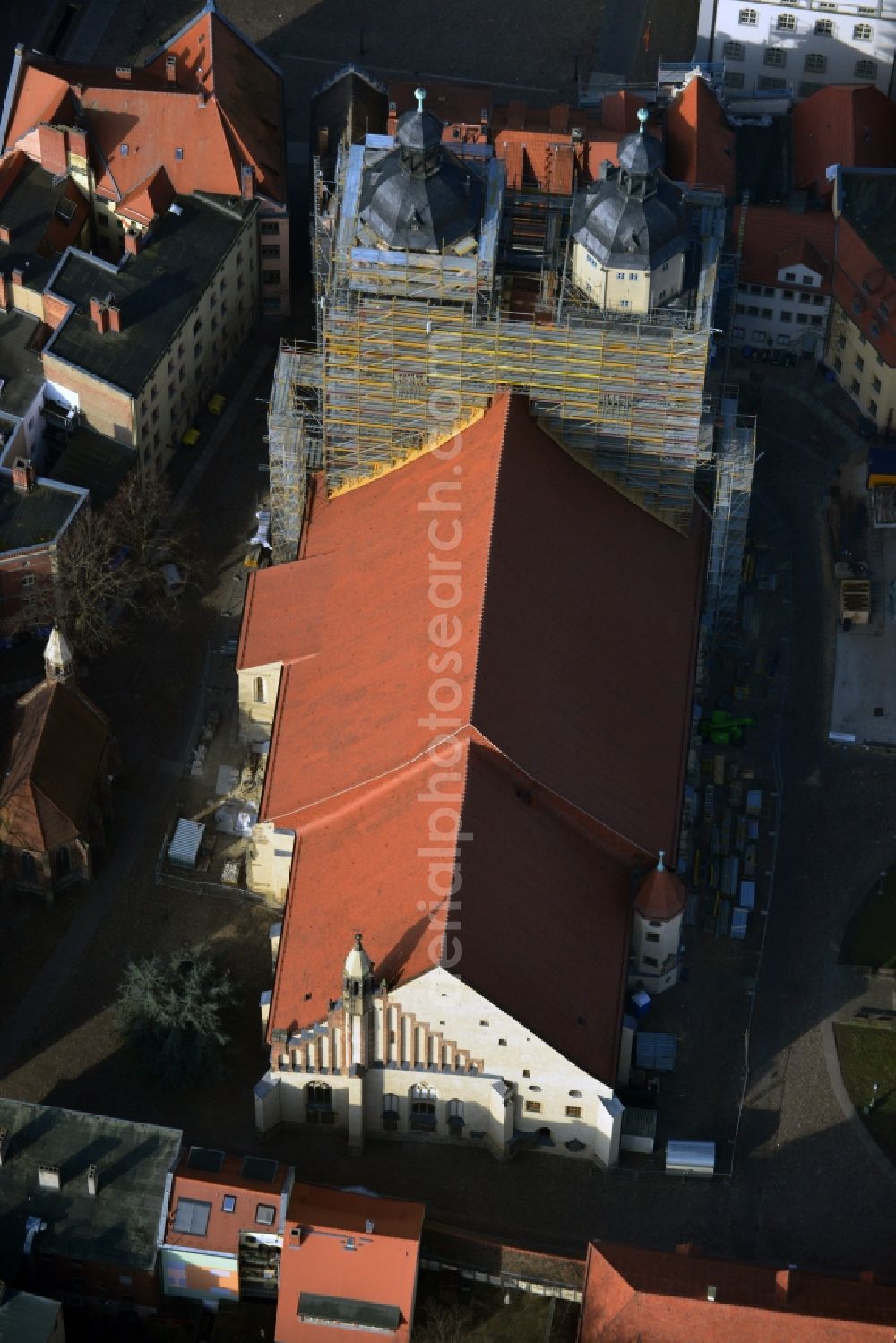 Aerial image Wittenberg - Rehabilitation, reconstruction and restoration work to the general rehabilitation of the St. Mary's Church in Wittenberg in Saxony-Anhalt