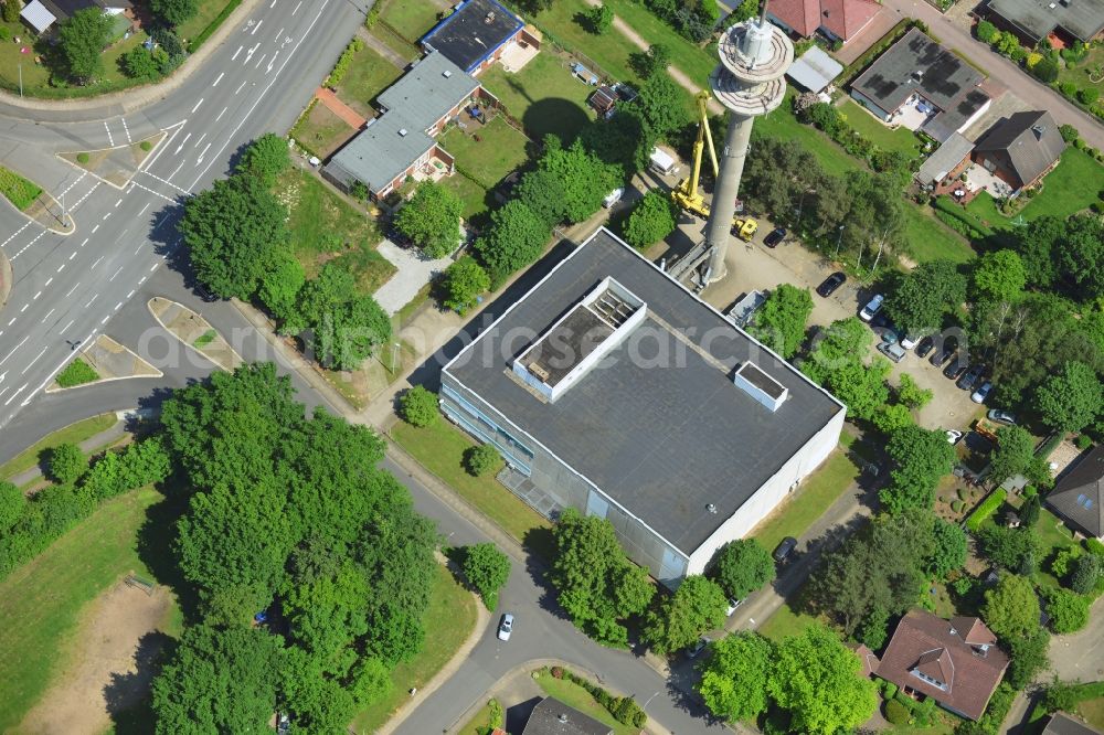 Kaltenkirchen from above - Sanierungsarbeiten am Antennenträger- Mast auf dem Fernsehturm- Umsetzer- Relaisstation in Kaltenkirchen im Bundesland Schleswig-Holstein. Ausführende Firma war die Werner Diener GmbH