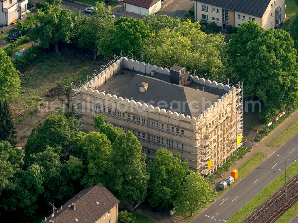 Aerial photograph Bochum - Rehabilitation work of a listed office building of thyssenkrupp AG at the Essener Strasse in Bochum in North Rhine-Westphalia, Germany