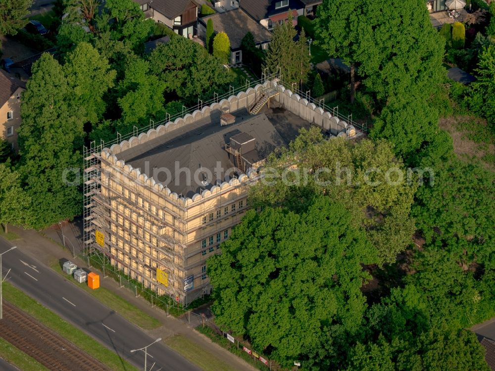 Bochum from above - Rehabilitation work of a listed office building of thyssenkrupp AG at the Essener Strasse in Bochum in North Rhine-Westphalia, Germany