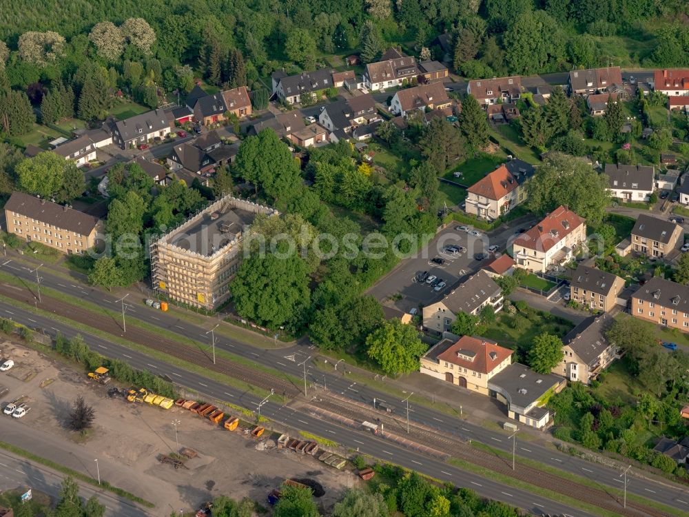 Bochum from above - Rehabilitation work of a listed office building of thyssenkrupp AG at the Essener Strasse in Bochum in North Rhine-Westphalia, Germany