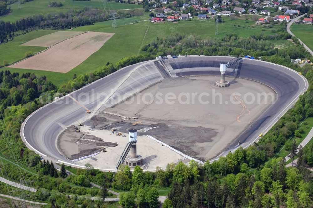 Aerial image Rickenbach - High storage reservoir Eggbergbecken in the district Egg of the village Rickenbach in the state Baden-Wurttemberg, Germany is rehabbed and cleaned. Situated on the high plateau of the Hotzenwald in the Black Forest