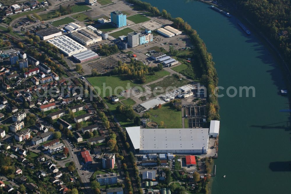 Aerial image Grenzach-Wyhlen - Remediation at the site of the former wastewater treatment plant of the pharmaceutical company Roche in Grenzach-Wyhlen in Baden -Wuerttemberg. The temporary landing stage on the river Rhine is used for the removal of the excavated material