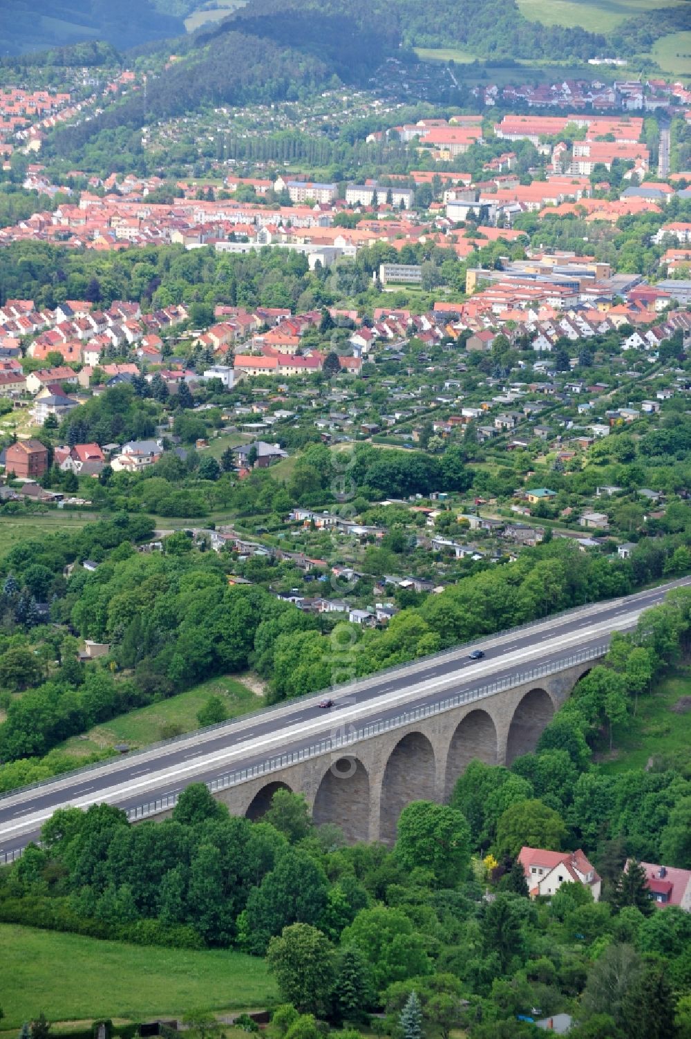 Aerial photograph Eisenach - View the bridge Karolinentalbrücke at the old route of the BABA4 on behalf of the Roads and Transport Authority of Thuringia. The works are being realised by the EUROVIA group