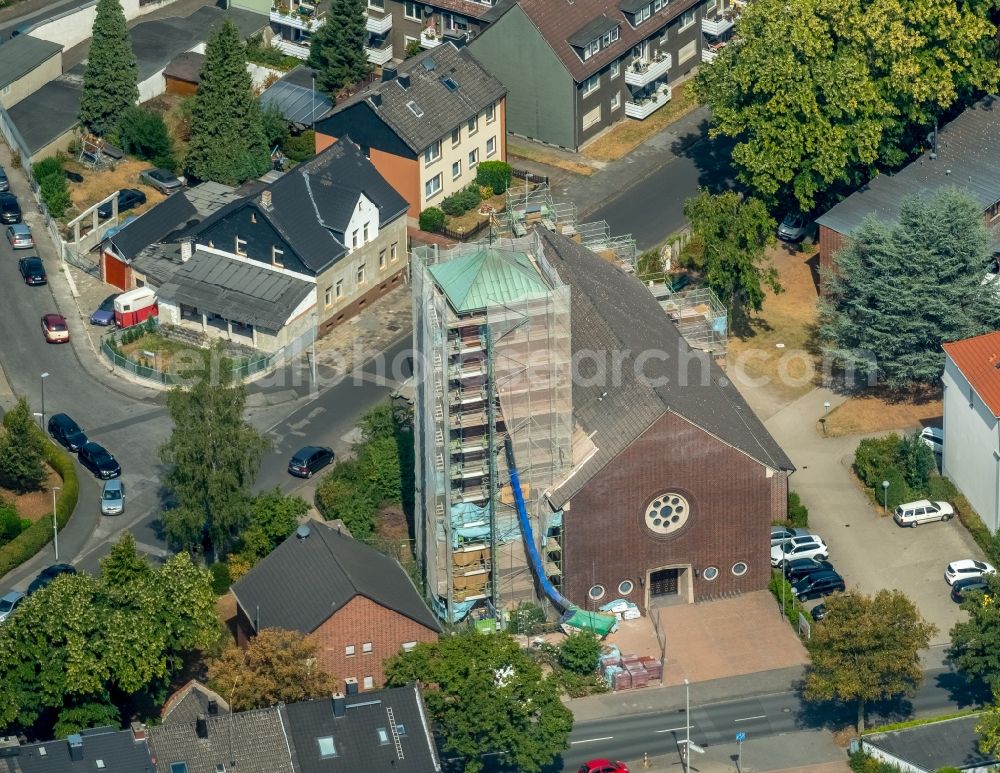 Aerial image Herne - Renovation work on the church building of the Catholic parish Holy Family in Herne in the state of North Rhine-Westphalia, Germany