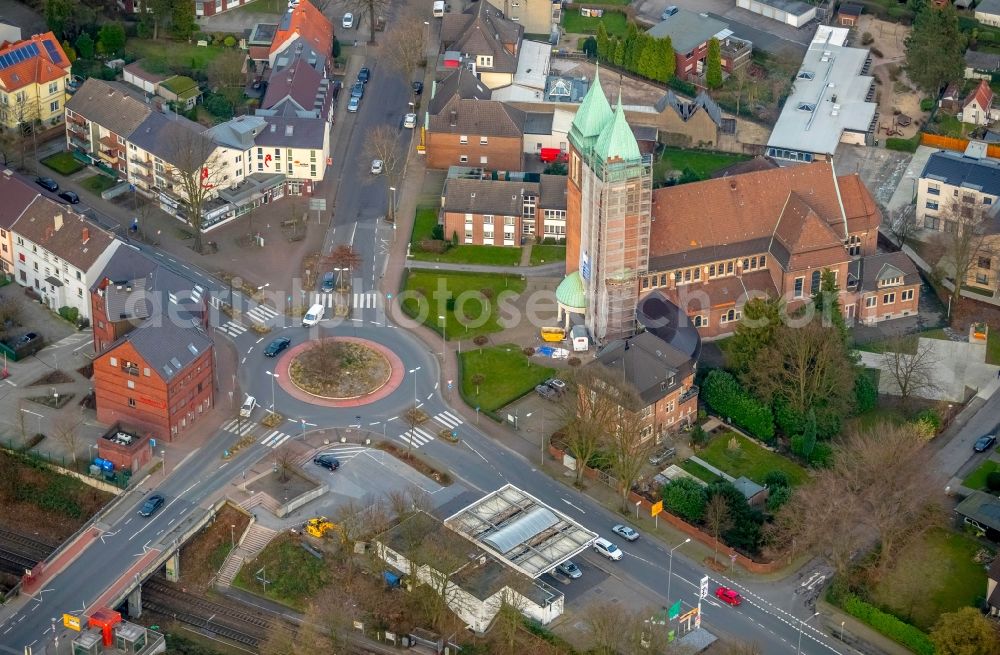 Aerial photograph Gladbeck - Renovation work on the church building of the Kirche Herz Jesu at Kardinal-Hengsbach-Platz in Gladbeck in the state of North Rhine-Westphalia, Germany