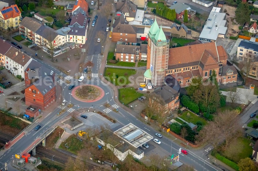 Gladbeck from above - Renovation work on the church building of the Kirche Herz Jesu at Kardinal-Hengsbach-Platz in Gladbeck in the state of North Rhine-Westphalia, Germany