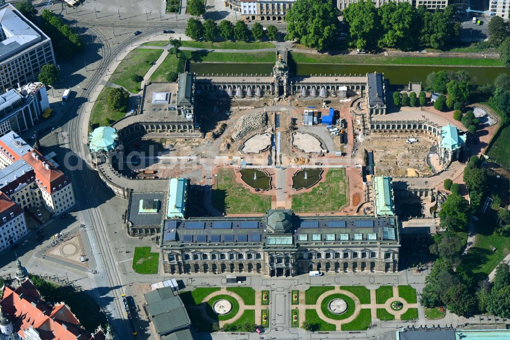 Dresden from above - Palace Zwinger with Gemaeldegalerie Alte Meister and the Kronentor in the district Altstadt in Dresden in the state Saxony, Germany. Above: the Semperoper and the Theaterplatz