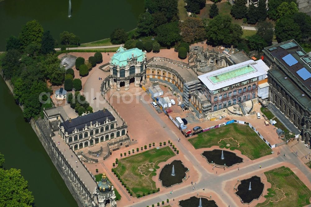 Dresden from above - Palace Zwinger as well as renovation work at the Semperbau in the district Altstadt in Dresden in the state Saxony, Germany