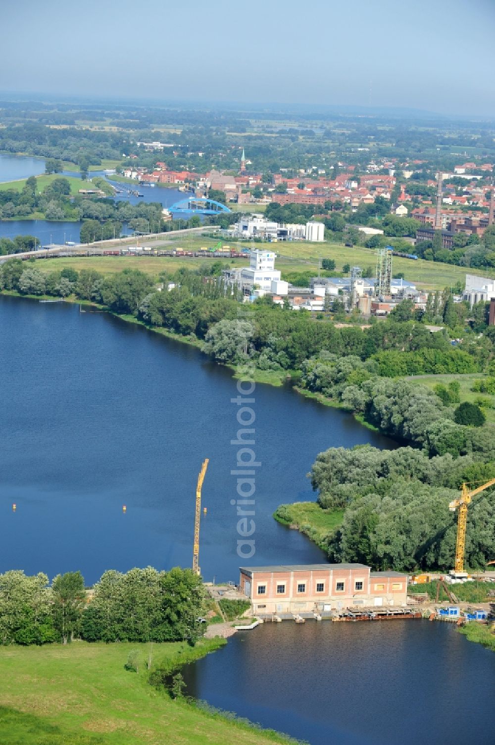 Aerial image Garsedow - Renovation work on the sluice / weir / pump station at Garsedow in Brandenburg by the company STRABAG