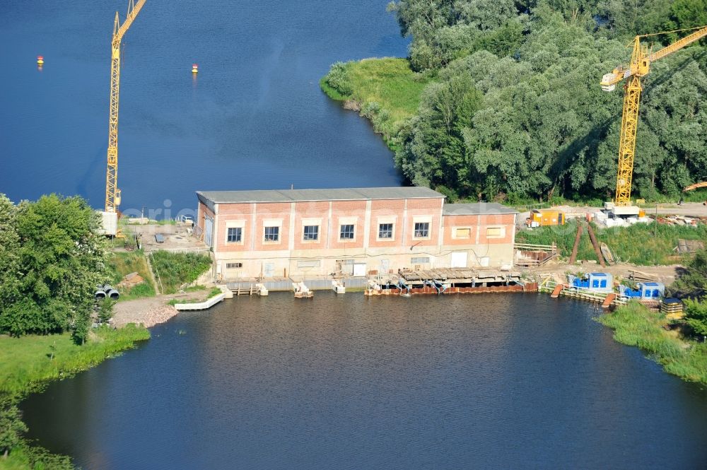 Aerial photograph Garsedow - Renovation work on the sluice / weir / pump station at Garsedow in Brandenburg by the company STRABAG