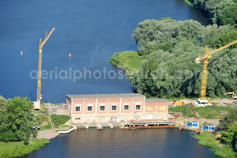 Garsedow from above - Renovation work on the sluice / weir / pump station at Garsedow in Brandenburg by the company STRABAG