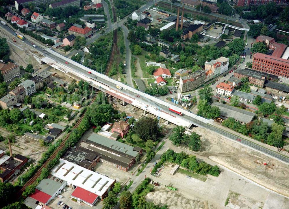 Cottbus / Brandenburg from above - Sanierungsarbeiten am südlichen Cottbusser Stadring durch die Fa SCHÄLERBAU BERLIN GmbH.