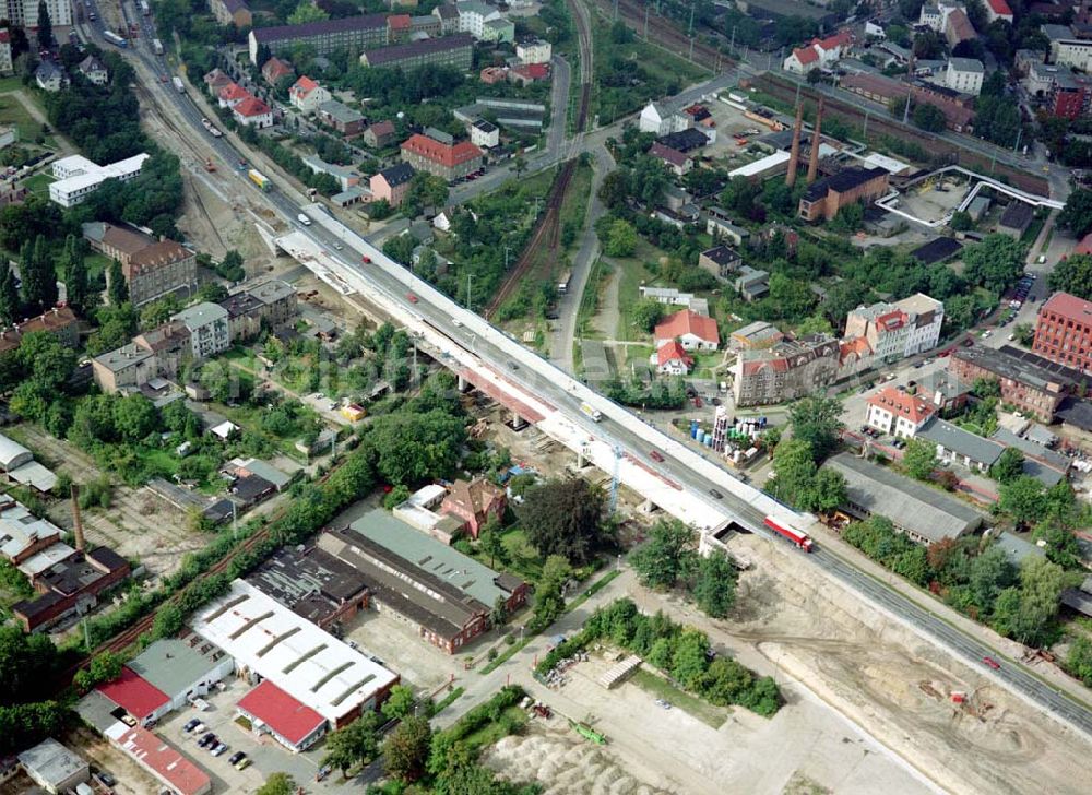 Cottbus / Brandenburg from the bird's eye view: Sanierungsarbeiten am südlichen Cottbusser Stadring durch die Fa SCHÄLERBAU BERLIN GmbH.