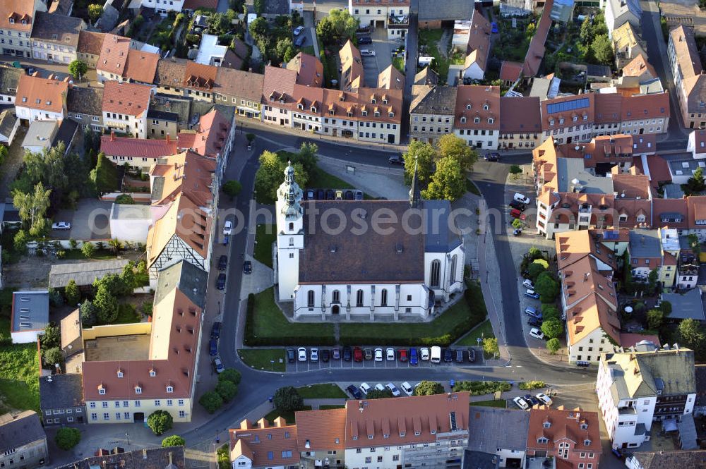 Pegau from the bird's eye view: Die Sankt-Laurentius-Kirche in Pegau, Sachsen. Dort befindet sich das Kenotaph des Markgrafen Wiprecht, eine der wichtigsten romanischen Skulpturen in Sachsen. The church St. Laurentiuskirche in Pegau, Saxony. The cenotaph of the margrave Wiprecht is located there, one of the most important romanesque sculptures in Saxony.