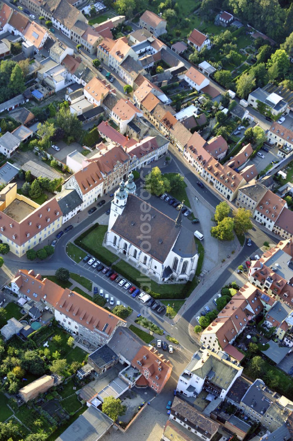 Aerial image Pegau - Die Sankt-Laurentius-Kirche in Pegau, Sachsen. Dort befindet sich das Kenotaph des Markgrafen Wiprecht, eine der wichtigsten romanischen Skulpturen in Sachsen. The church St. Laurentiuskirche in Pegau, Saxony. The cenotaph of the margrave Wiprecht is located there, one of the most important romanesque sculptures in Saxony.