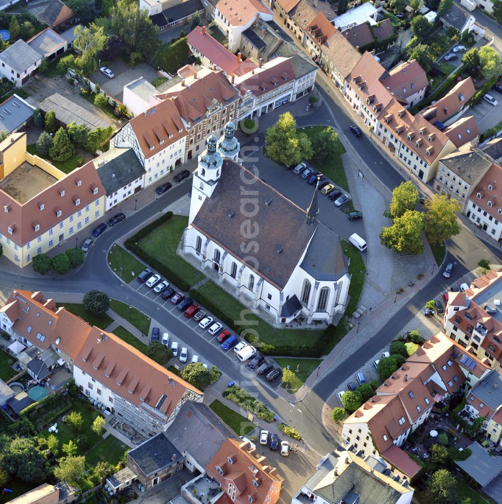 Aerial photograph Pegau - Die Sankt-Laurentius-Kirche in Pegau, Sachsen. Dort befindet sich das Kenotaph des Markgrafen Wiprecht, eine der wichtigsten romanischen Skulpturen in Sachsen. The church St. Laurentiuskirche in Pegau, Saxony. The cenotaph of the margrave Wiprecht is located there, one of the most important romanesque sculptures in Saxony.