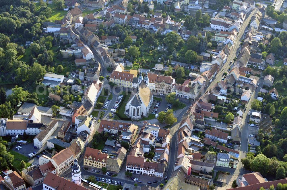 Aerial image Pegau - Die Sankt-Laurentius-Kirche in Pegau, Sachsen. Dort befindet sich das Kenotaph des Markgrafen Wiprecht, eine der wichtigsten romanischen Skulpturen in Sachsen. The church St. Laurentiuskirche in Pegau, Saxony. The cenotaph of the margrave Wiprecht is located there, one of the most important romanesque sculptures in Saxony.