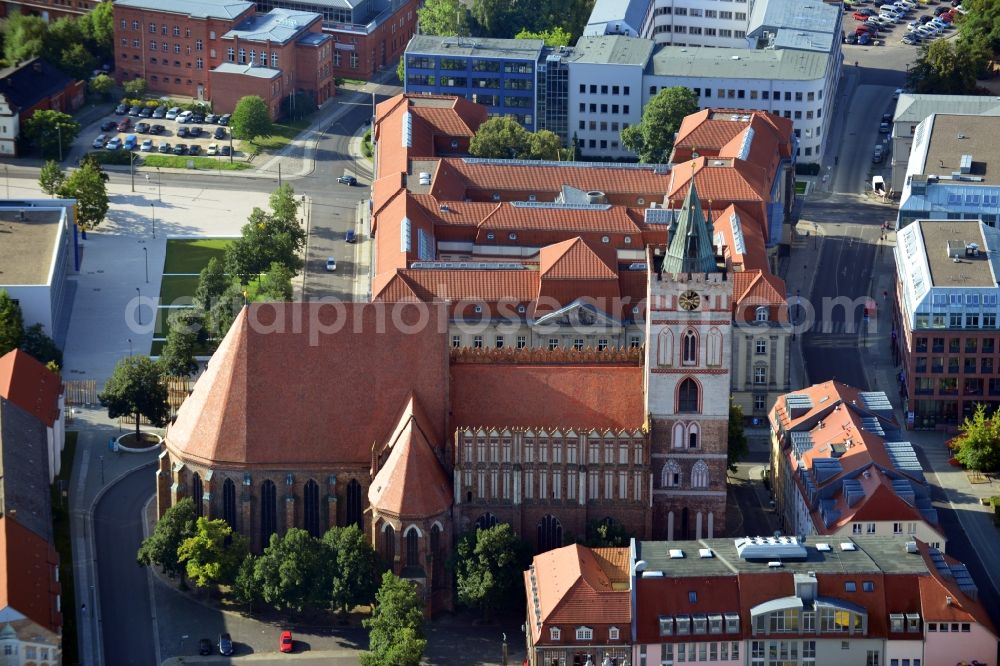 Frankfurt Oder from above - View at the St. Mary's Church and the European University Viadrina in the city of Frankfurt Oder