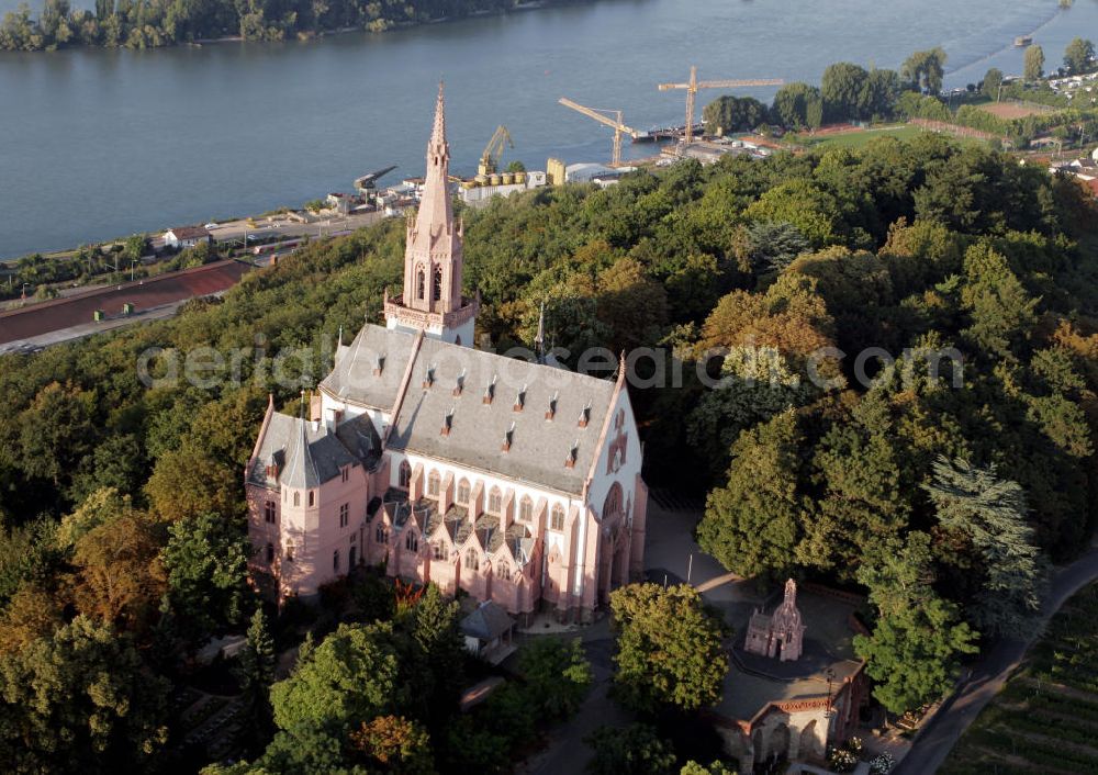 Aerial photograph Bingen - Blick auf die Wallfahrtskirche Sankt Rochus-Kapelle in Bingen am Rhein. Das Heutige Gebäude wurde 1895 im Neugotischen Stil errichtet. View to the Sankt Rochus-Kapelle in Bingen near the Rhine. Todays building was construated in 1895 in an neo-Gothic style.