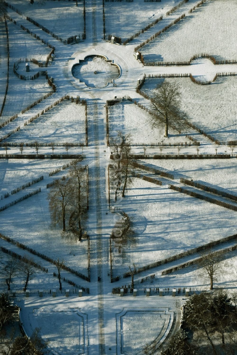 Aerial image Potsdam - Sanssouci- Park of Wintry snowy Hauptallee in Potsdam in the state Brandenburg