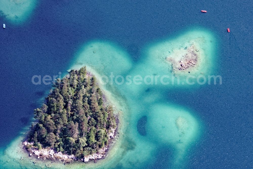 Aerial image Grainau - Sasseninsel island in the Eibsee lake in Grainau in the state Bavaria, Germany