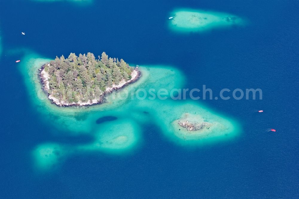 Aerial photograph Grainau - Sasseninsel island in the Eibsee lake in Grainau in the state Bavaria, Germany