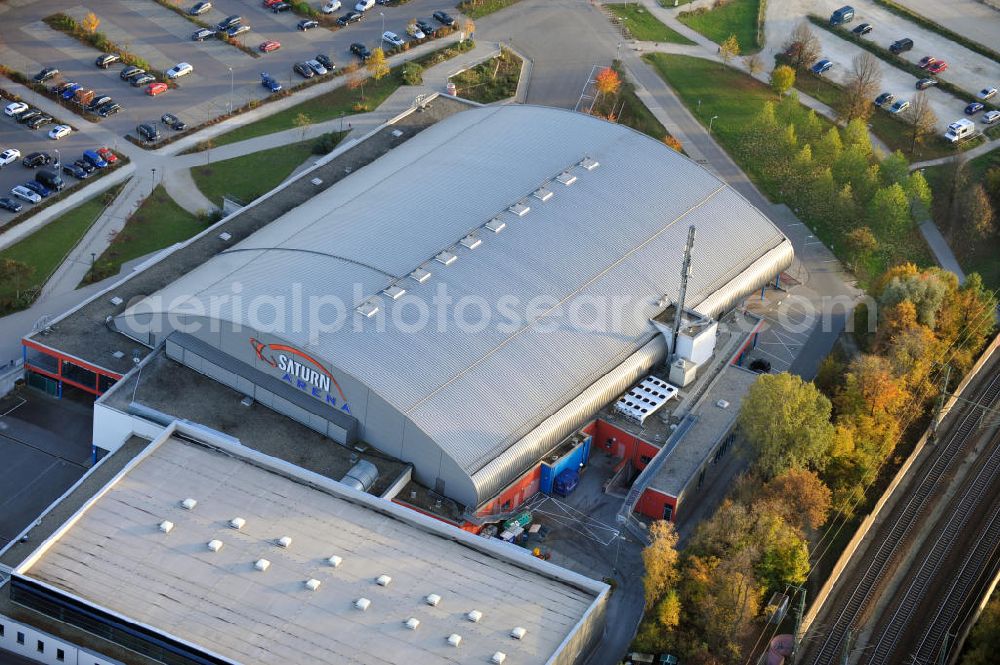 Aerial image Ingolstadt - Die Multifunkiontshalle, die Saturn Arena, der Eishockeymannschaft ERC Ingolstadt in Bayern. Saturn Arena a Multi-function-Hall of the Ice hockey team ERC Ingolstadt in Bavaria.