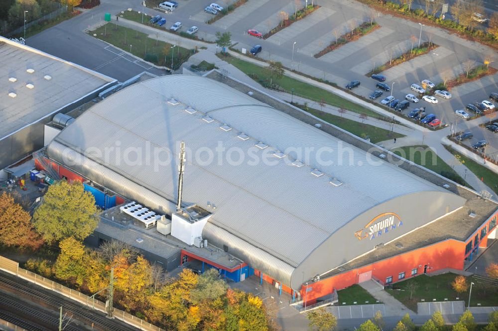 Ingolstadt from the bird's eye view: Die Multifunkiontshalle, die Saturn Arena, der Eishockeymannschaft ERC Ingolstadt in Bayern. Saturn Arena a Multi-function-Hall of the Ice hockey team ERC Ingolstadt in Bavaria.