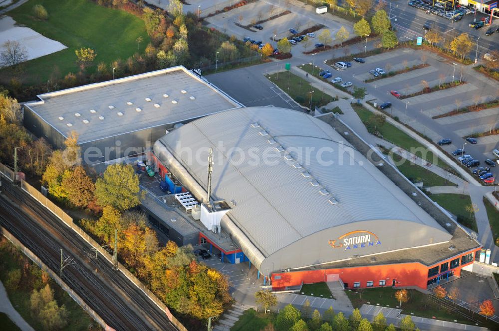 Aerial image Ingolstadt - Die Multifunkiontshalle, die Saturn Arena, der Eishockeymannschaft ERC Ingolstadt in Bayern. Saturn Arena a Multi-function-Hall of the Ice hockey team ERC Ingolstadt in Bavaria.