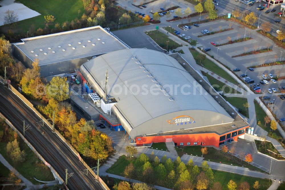 Aerial photograph Ingolstadt - Die Multifunkiontshalle, die Saturn Arena, der Eishockeymannschaft ERC Ingolstadt in Bayern. Saturn Arena a Multi-function-Hall of the Ice hockey team ERC Ingolstadt in Bavaria.