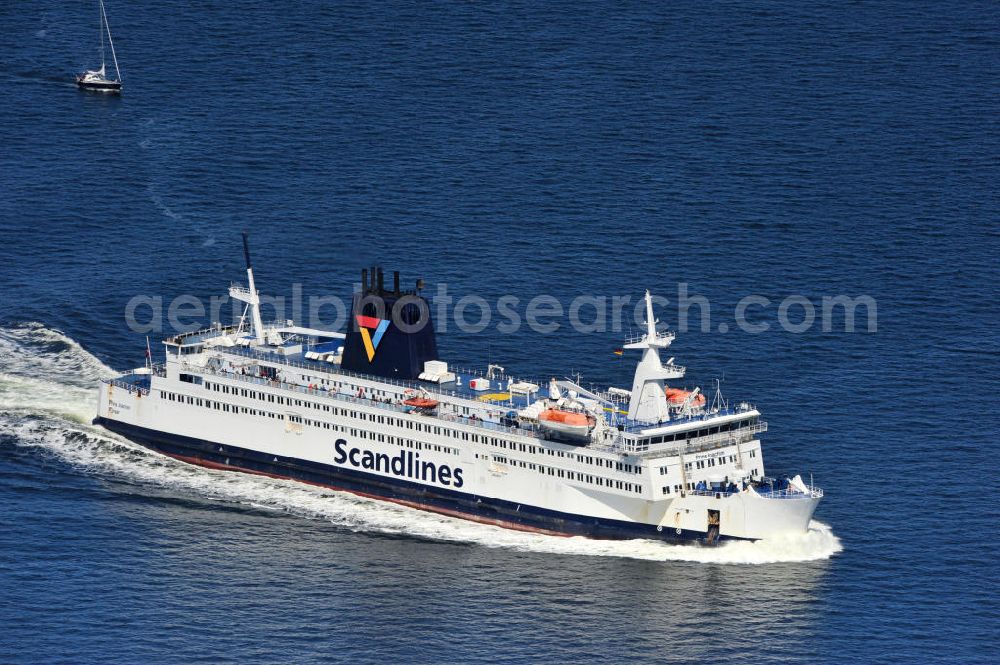 ROSTOCK - WARNEMÜNDE from above - Blick auf die Scandlines Fähre Prins Joachim Korsor vor der Ostseeküste Warnemünde. Das unter dänischer Flagge fahrende Fährschiff Prins Joachim Korsør wurde 1980 durch die Reederei Scandlines in Dienst genommen. The Scandlines ferry Prins Joachim Korsor in front of Warnemünde Baltic Sea coast.