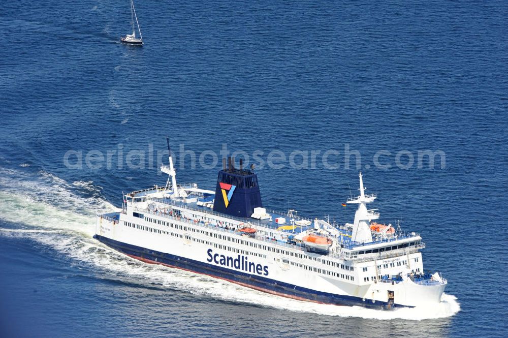 ROSTOCK - WARNEMÜNDE from the bird's eye view: Blick auf die Scandlines Fähre Prins Joachim Korsor vor der Ostseeküste Warnemünde. Das unter dänischer Flagge fahrende Fährschiff Prins Joachim Korsør wurde 1980 durch die Reederei Scandlines in Dienst genommen. The Scandlines ferry Prins Joachim Korsor in front of Warnemünde Baltic Sea coast.