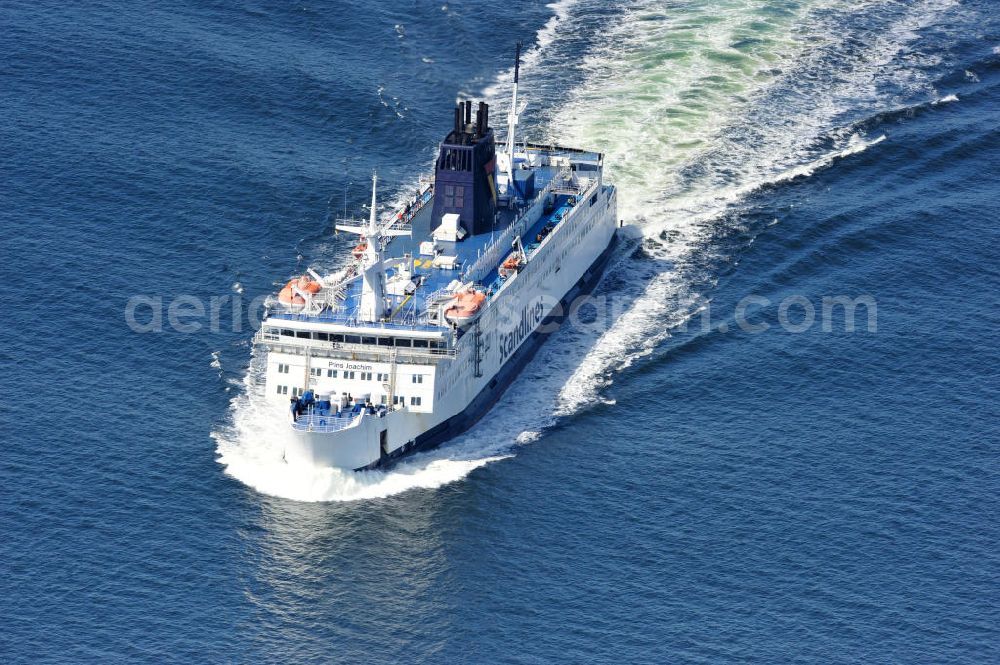 Aerial image ROSTOCK - WARNEMÜNDE - Blick auf die Scandlines Fähre Prins Joachim Korsor vor der Ostseeküste Warnemünde. Das unter dänischer Flagge fahrende Fährschiff Prins Joachim Korsør wurde 1980 durch die Reederei Scandlines in Dienst genommen. The Scandlines ferry Prins Joachim Korsor in front of Warnemünde Baltic Sea coast.