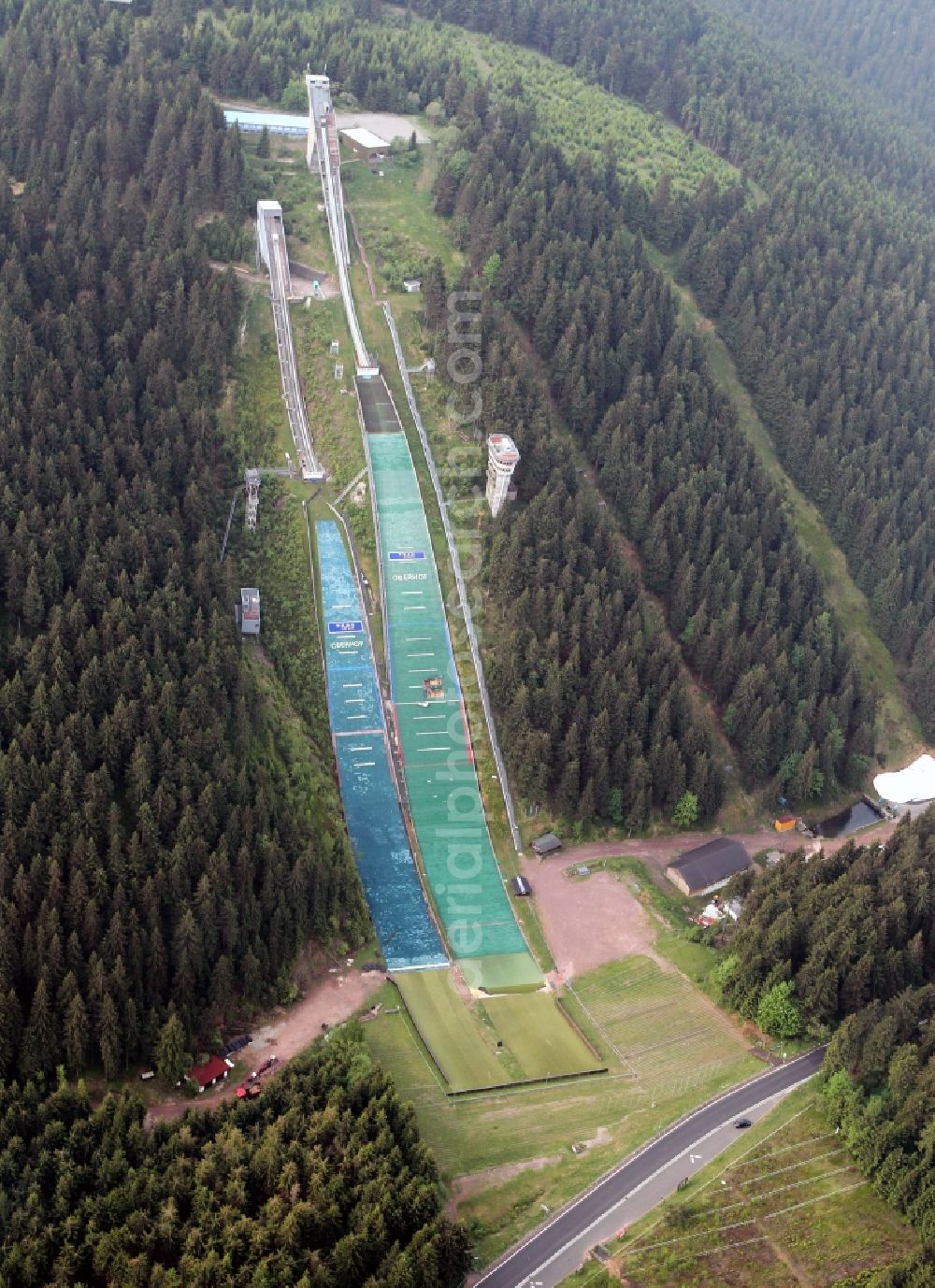 Oberhof from the bird's eye view: View of the hills in Kanzlersgrund (Rennsteig jumps). The Hans Renner / Rennsteig hill was once the largest hill in the former GDR. It was built by 1959 until 1961. It was named after the East German national team coach and plastic mat inventor Hans Renner