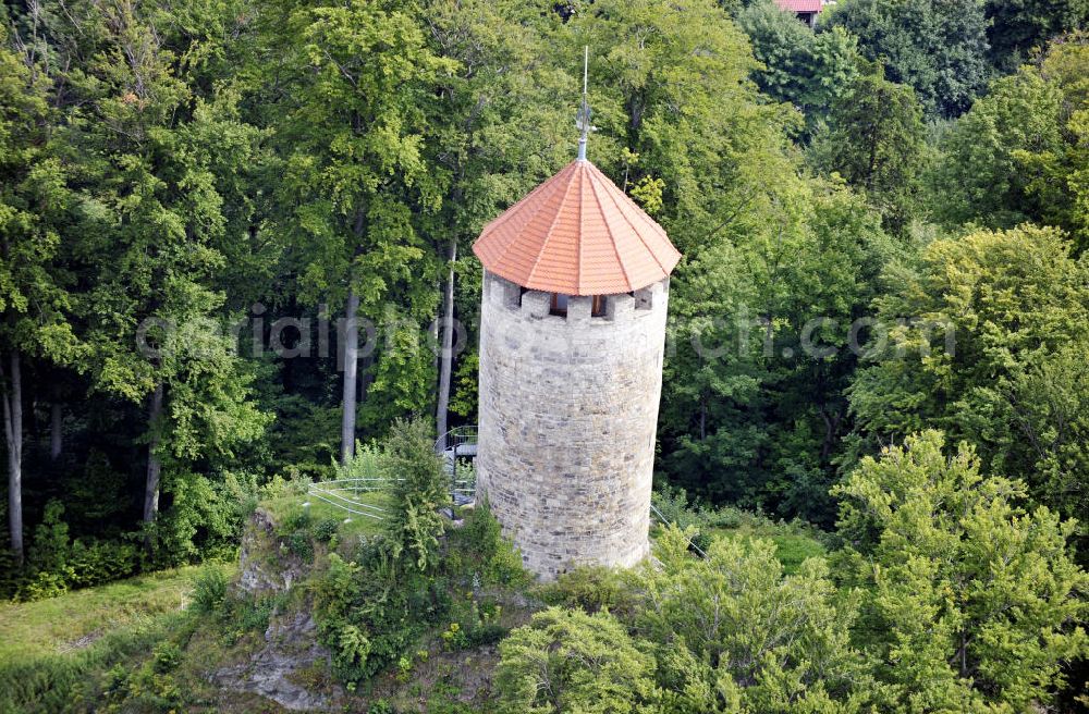 Aerial image Ruhla - Blick auf die 900 Jahre alte Ruine Scharfenburg im Ruhlaer Stadtteil Thal in Thüringen. Der erhaltene Burgfried dient Heute als Museum und Aussichtsturm. The ruin Scharfenburg in the district Thal of the city Ruhla in Thüringen. Today the preserved castle tower is used as museum and observation tower.