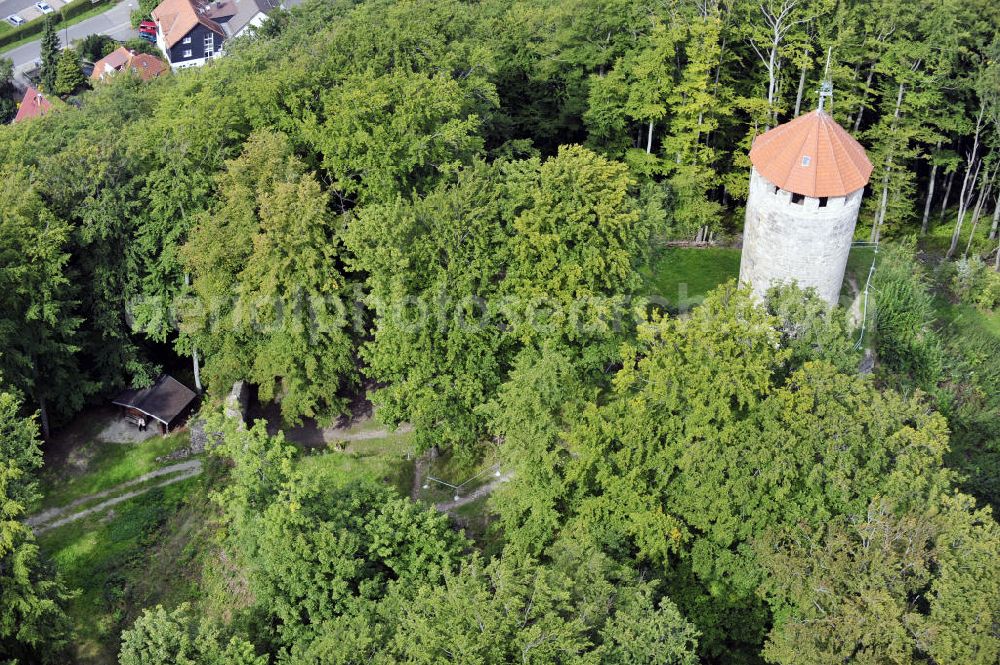 Aerial image Ruhla - Blick auf die 900 Jahre alte Ruine Scharfenburg im Ruhlaer Stadtteil Thal in Thüringen. Der erhaltene Burgfried dient Heute als Museum und Aussichtsturm. The ruin Scharfenburg in the district Thal of the city Ruhla in Thüringen. Today the preserved castle tower is used as museum and observation tower.