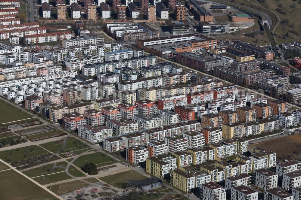 Aerial image Ostfildern - Scharnhauser Park, district of the city Ostfildern in the state Baden-Wuerttemberg. The so-called model housing estate is part of the research project POLYCITY for the development of energy-efficient buildings and the use of renewable energy sources