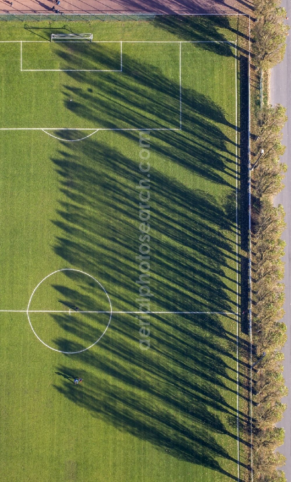 Haltern am See from above - Shadow - landscape of tree rows at a soccer ground in Haltern in the state of North Rhine-Westphalia NRW