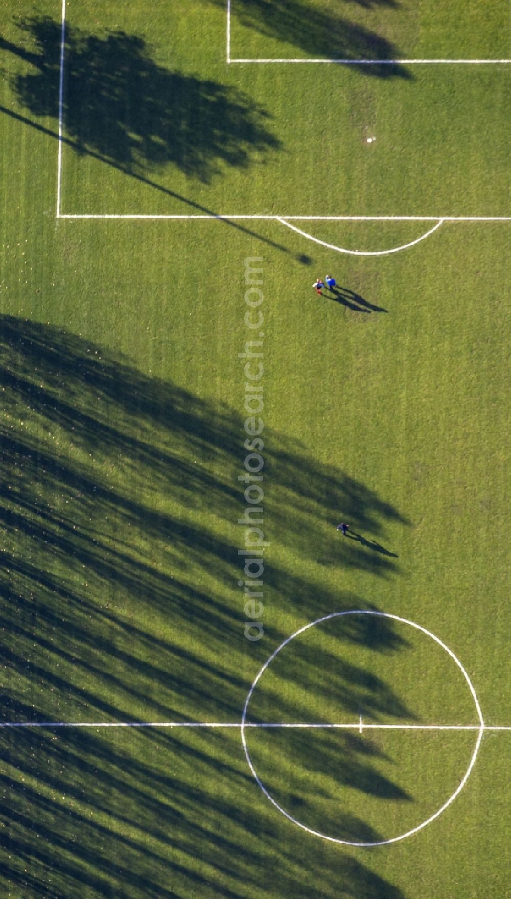 Haltern am See from the bird's eye view: Shadow - landscape of tree rows at a soccer ground in Haltern in the state of North Rhine-Westphalia NRW