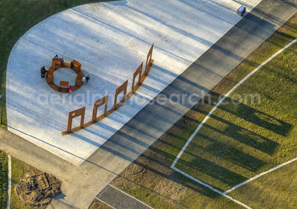 Hamm from above - Ranks of the religious symbolic shadow stealing Islam, Hinduism, Christianity, Judaism, Buddhism in the landscape park lip park on the site of the former colliery Heinrich Robert - Franz shaft in Hamm in the Ruhr area in North Rhine-Westphalia