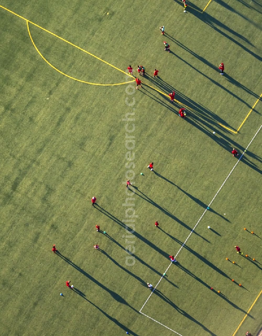 Aerial image Hamm - Shadow play at soccer practice on the sports field of HSV in Hamm in North Rhine-Westphalia