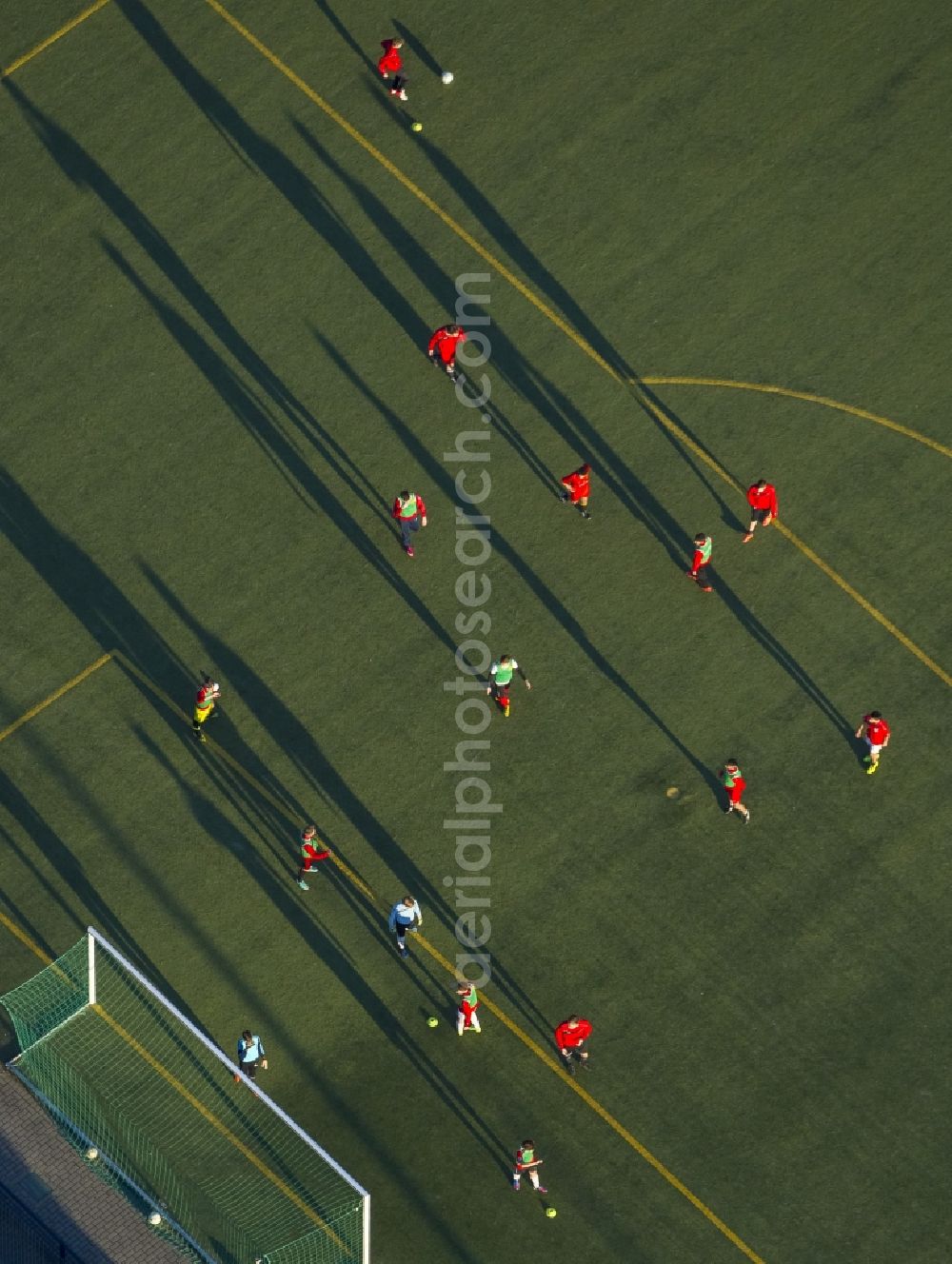 Hamm from above - Shadow play at soccer practice on the sports field of HSV in Hamm in North Rhine-Westphalia