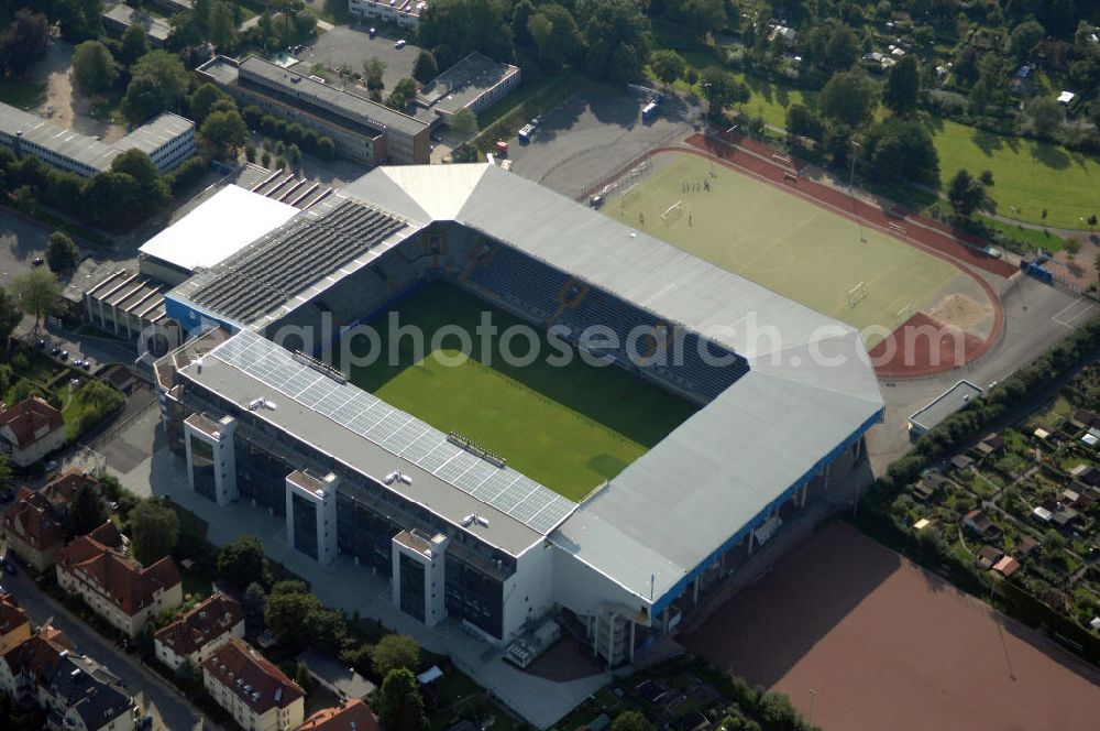 Aerial photograph Bielefeld - Die Schüco Arena, auch Bielefelder Alm oder Alm-Stadion genannt, im Grundbuch eingetragen als Stadion an der Melanchthonstraße, ist die Wettkampfstätte des Deutschen Sportclubs Arminia Bielefeld. Das Stadion an der Melanchthonstraße, dessen Namensrechte am 13. Januar 2004 an die Firma Schüco International KG vergeben wurden, bietet 27.300 Zuschauern Platz und ist im Besitz des Vereins, der es ohne öffentliche Zuschüsse betreibt. Kontakt DSC Arminia Bielefeld GmbH & Co. KGaA: Tel. +49(0)521 966 110, Email: kontakt@arminia-bielefeld.de; Kontakt Schüco International KG: Tel. +49(0)521 7830, Email: info@schueco.com