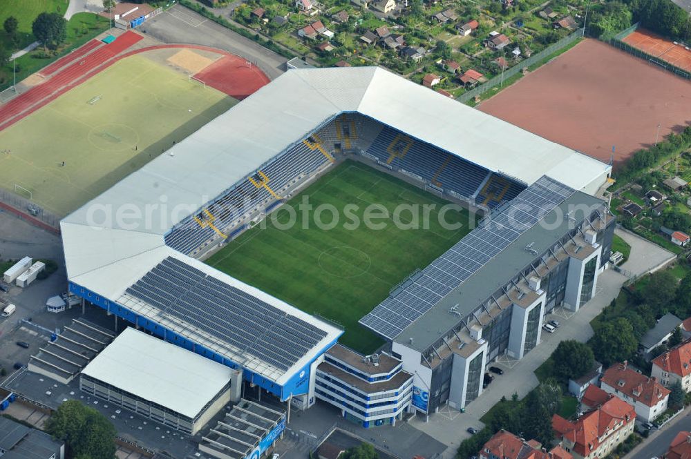 Bielefeld from the bird's eye view: Die Schüco Arena, auch Bielefelder Alm oder Alm-Stadion genannt, im Grundbuch eingetragen als Stadion an der Melanchthonstraße, ist die Wettkampfstätte des Deutschen Sportclubs Arminia Bielefeld. Das Stadion an der Melanchthonstraße. The Schüco Arena / Stadium Bielefeld.