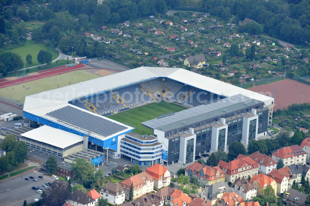 Aerial image Bielefeld - Die Schüco Arena, auch Bielefelder Alm oder Alm-Stadion genannt, im Grundbuch eingetragen als Stadion an der Melanchthonstraße, ist die Wettkampfstätte des Deutschen Sportclubs Arminia Bielefeld. Das Stadion an der Melanchthonstraße. The Schüco Arena / Stadium Bielefeld.