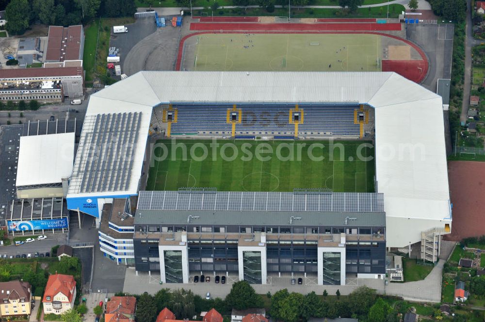 Bielefeld from the bird's eye view: Die Schüco Arena, auch Bielefelder Alm oder Alm-Stadion genannt, im Grundbuch eingetragen als Stadion an der Melanchthonstraße, ist die Wettkampfstätte des Deutschen Sportclubs Arminia Bielefeld. Das Stadion an der Melanchthonstraße. The Schüco Arena / Stadium Bielefeld.